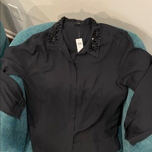 Ann Taylor Black Button Down Shirt with Embellished Collar